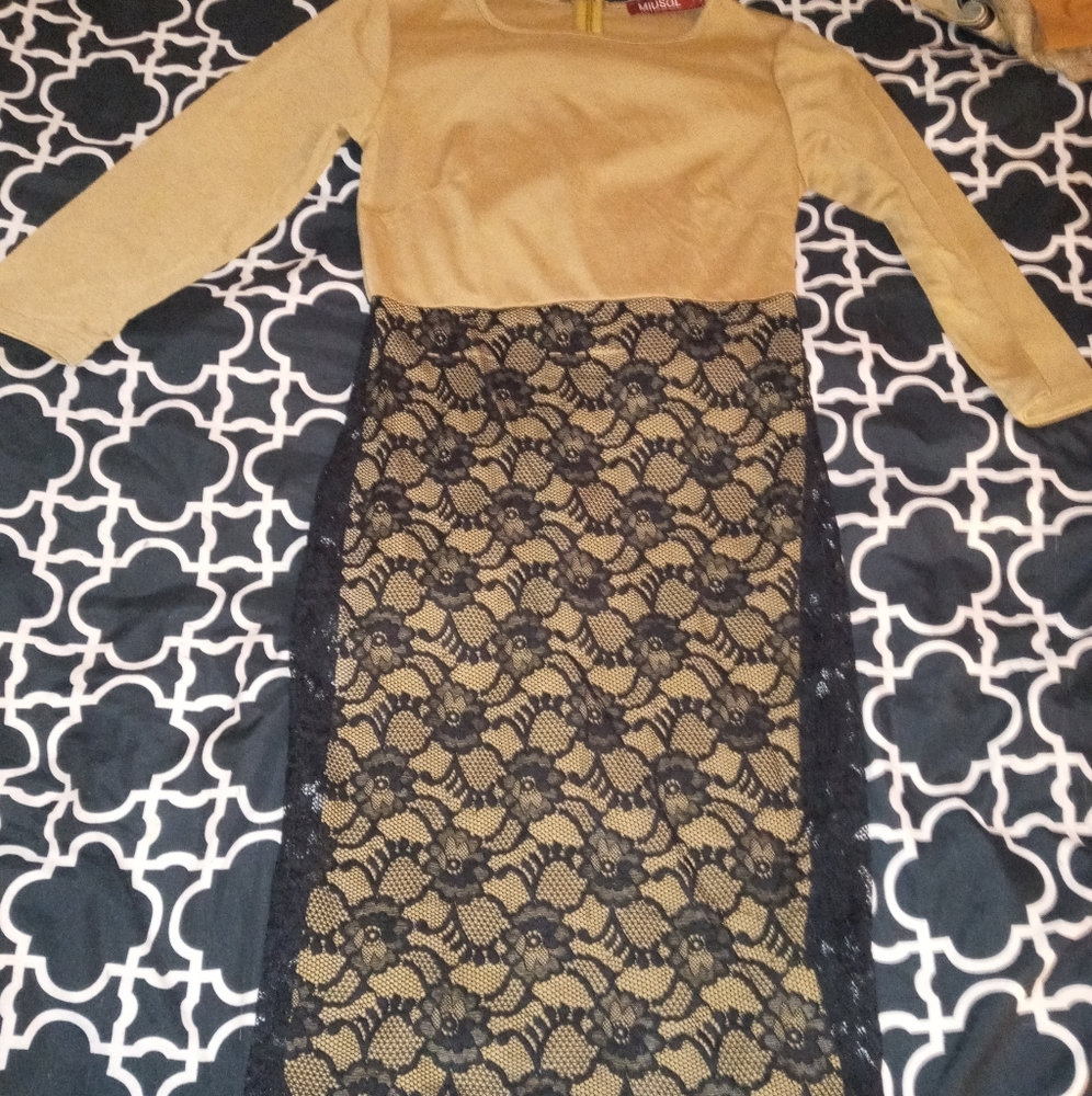 Tan and black lace long sleeve dress